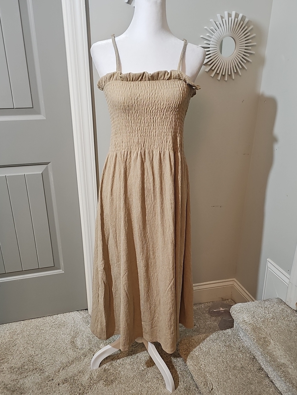 H&M Beige Smocked Midi Dress with Ruffle Neckline